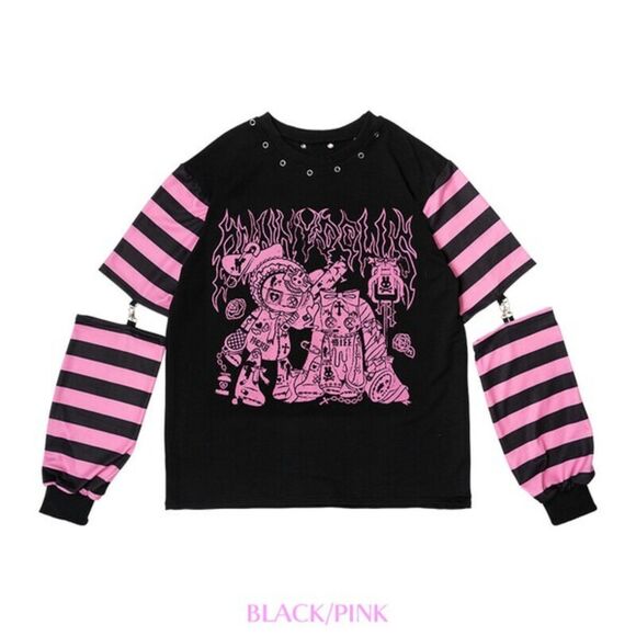 Gothic Emo Harajuku Punk Rock Rave T-Shirt – with Detachable Arm Warmers L - Picture 2 of 3